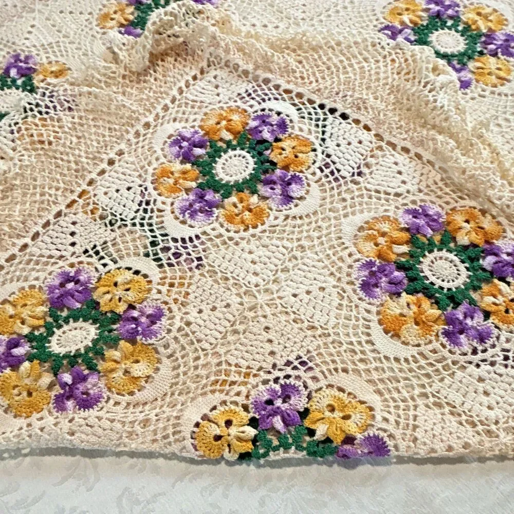 Vint Handmade Crochet Granny Square Bedspread Blanket Floral Purple Gold 82x62